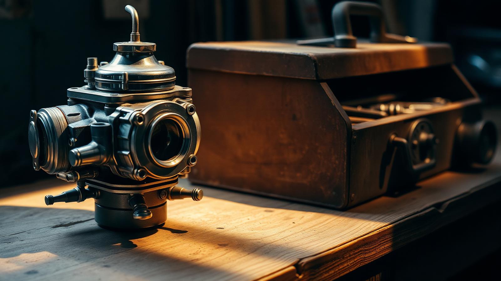 Vintage carburetor on a workbench